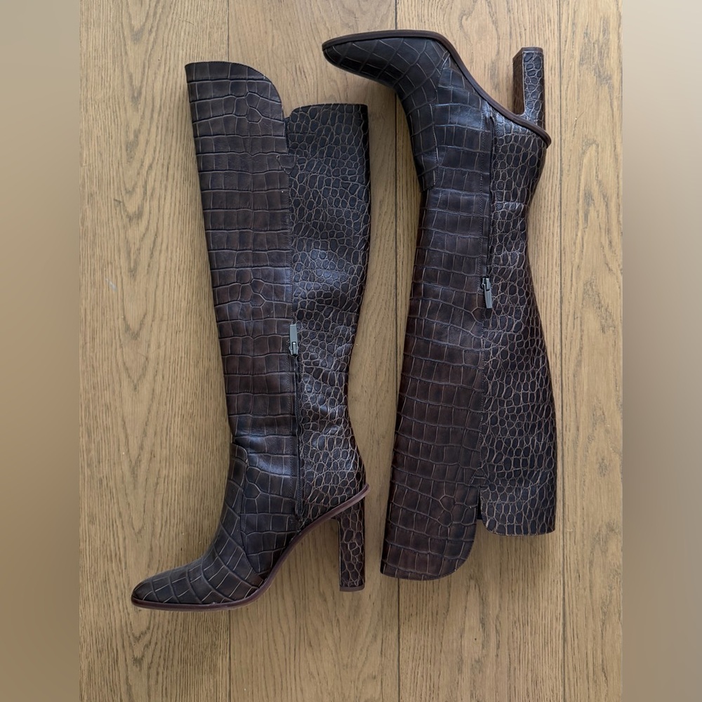 Vince Knee-High Croc-Embossed Block Heel Boots - Brown